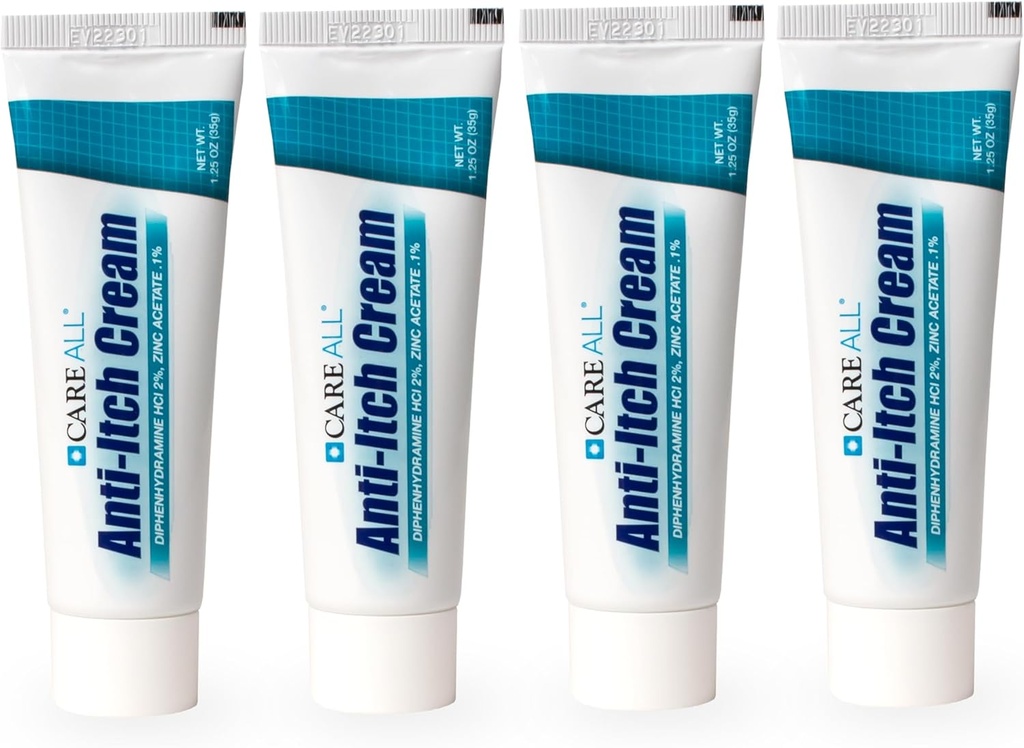 CareAll Anti- Itch Cream 1.25oz (4 Pack) Histamine Blocking, Diphenhydramin HCI 2% Tematisk Analytisk & Zinkacetat 0.1% Hudbeskyttende for midlertidige smerter og Itch Relief fra fælles udendørs kløfter