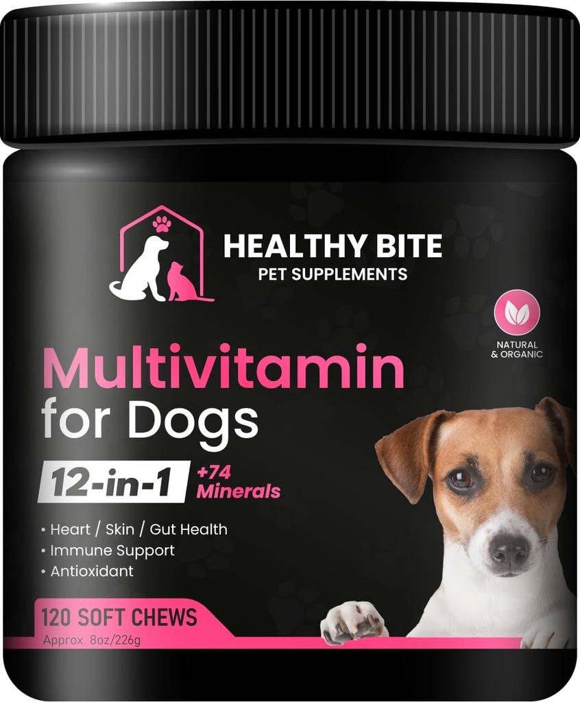 Sunde Bite 12 i 1 Multivitamin til hunde - Hud og Coat supplement, immunforsvar, Pet Vitaminer, Calcium til hunde lavet i USA - 120 Tæl