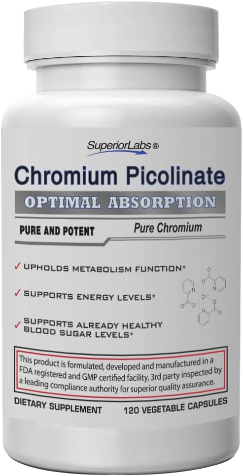 Superior Labs Chrom Picolinate 500mcg, Høj Absorption, Non- GMO, Blood Sugar & Metabolisme Support, Vægt og Mad Craving Management, Hjælper Energy & Insulin Sensitivitet, 120 Veg Caps