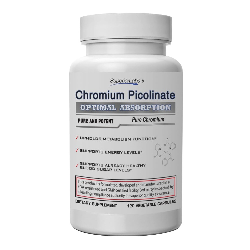 Superior Labs Chrom Picolinate 500mcg, Høj Absorption, Non- GMO, Blood Sugar & Metabolisme Support, Vægt og Mad Craving Management, Hjælper Energy & Insulin Sensitivitet, 120 Veg Caps