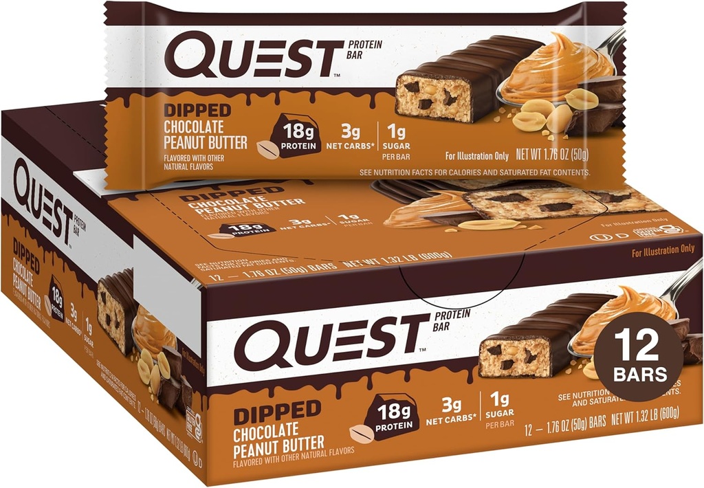 Quest Nutrition Dipped Chocolate Peanut Butter Protein Bars, 18g Protein, 1g Sukker, 3g Net Carbs, Gluten Free, 12 Greve