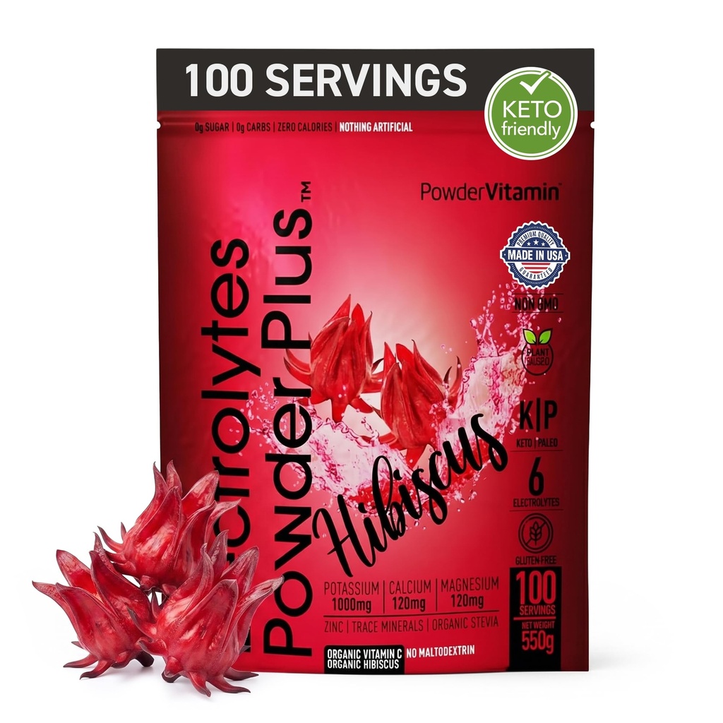 PowderVitamin Electrolytes Powder Plus (100 Servere) Hibiscus Electrolyte Powder Zero Calorie Keto, 0 Sugar, No Maltodextrin, 1000mg Kalium, 120mg Calcium, 120mg Magnesium, Hydrationspulver