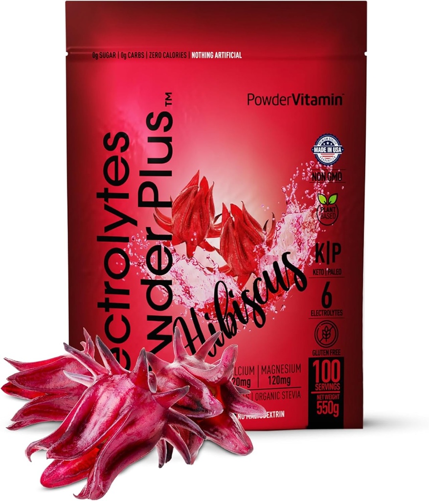 PowderVitamin Electrolytes Powder Plus (100 Servere) Hibiscus Electrolyte Powder Zero Calorie Keto, 0 Sugar, No Maltodextrin, 1000mg Kalium, 120mg Calcium, 120mg Magnesium, Hydrationspulver