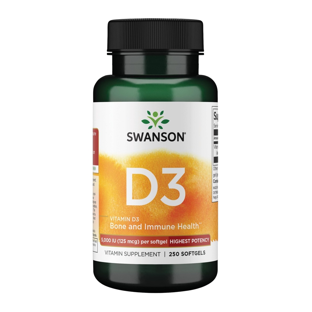 Swanson vitamin D-3 5000 IE Knogleimmunstøtte Sund muskelfunktion D3 tillæg (cholecalciferol) 125 mcg 250 Softels Tæl