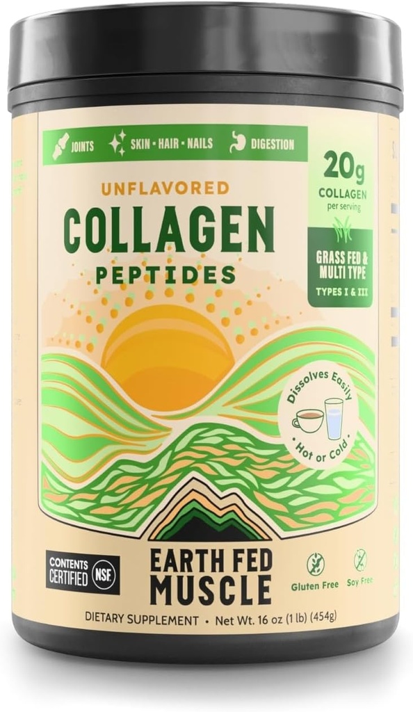 Earth Fed Muscle Collagen Peptides Powder – Unflavored Collagen Protein Powder for Women & Men | Supports Hair, Skin, Nails, Joints & Recovery | Sugar & Gluten-Free, Keto Friendly, 20g Per Serving