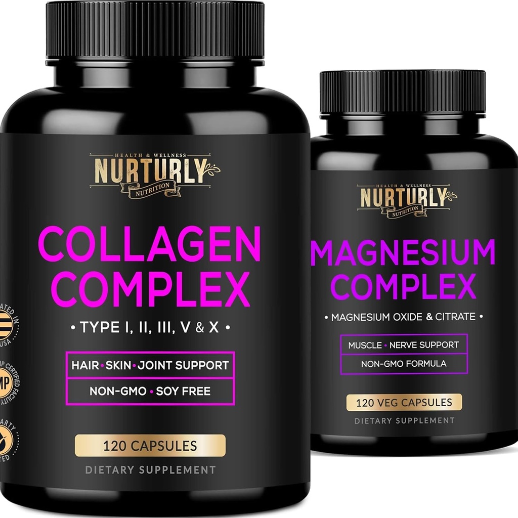 Magnesium Citrate & Oxide 500mg Complex Supplement og Multi Collagen Peptider Pulver kapsler - Høj Absorption Maksimum Styrke - Hydrolyseret Collagen Peptider