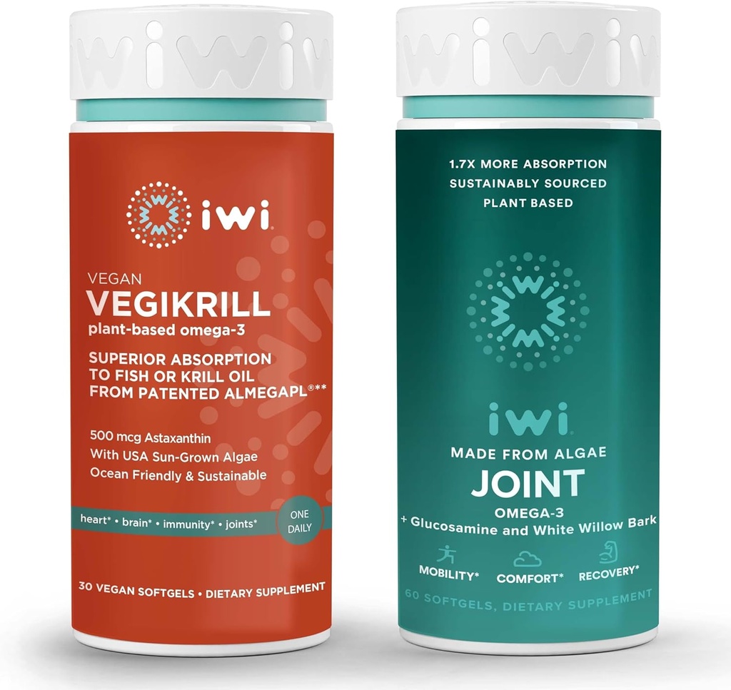 iwi Life Vegikrill & Joint Omega-3 Bundle, 30 Servering, Vegan Plant-baseret Alger Omega 3, Krill & Fish Oil Alternative, Ingen Fishy Eftersmag