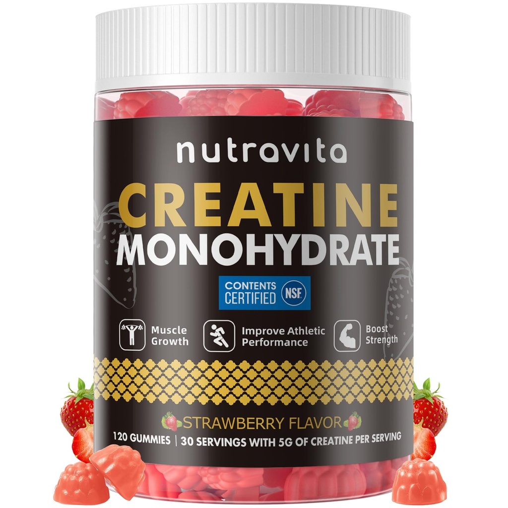 Nutravita Creatine Monohydrate Gummies for Mænd & Women- 5g Creatine Monohydrat per servering - Sukker fri, Vegan, Strawberry Flavor, 120 Greve