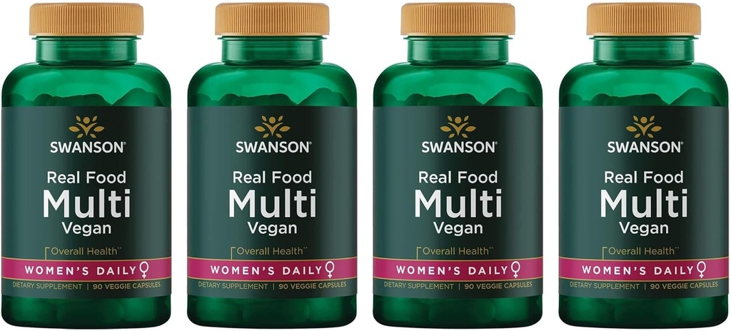 Real Food Multi Women 's Multivitamin Multimineral Women' s Health Urinary Tract Stress Response Bone Hir Skin Nails Support Vegan Gluten- Free Non- GMO 90 Veggie Capsules Veg Caps (4 Pack)