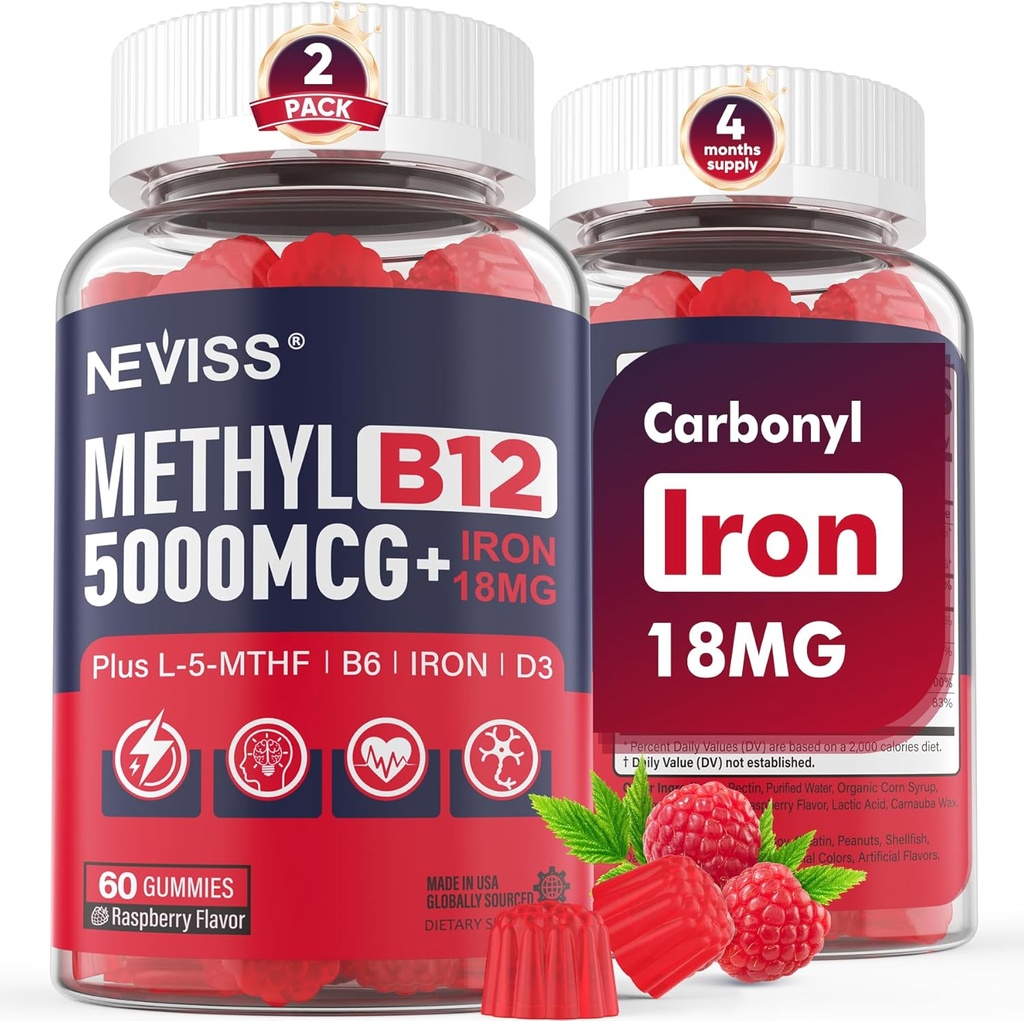 NEVISS Methyl B12 Vitamin 5000 mcg Gummies + Jern 18 mg for kvinder - Active Methylcobalamin Metyleret B12 Vitamin Supplement w / L- MethylFolate, B6 (P5P) & D3 for Energy & Focus Support, 120 Servering