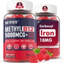 NEVISS Methyl B12 Vitamin 5000 mcg Gummies + Jern 18 mg for kvinder - Active Methylcobalamin Metyleret B12 Vitamin Supplement w / L- MethylFolate, B6 (P5P) & D3 for Energy & Focus Support, 120 Servering
