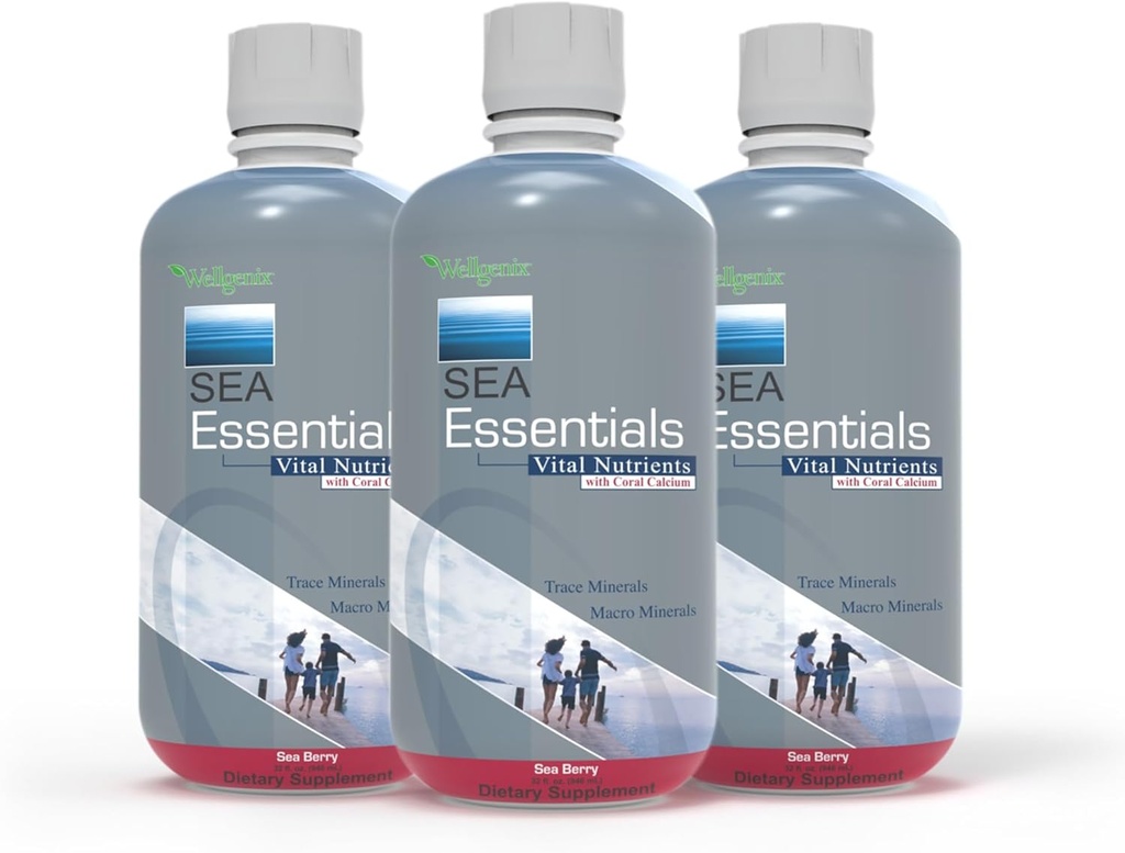 Wellgenix Sea Essentials Vital Nutrients - Coral Calcium Liquid Multivtamin - Adults & Kids Daily Supplement - Nutritional Sea Vegetation Mineral Drink - Sea Berry Flavor 32oz (3)