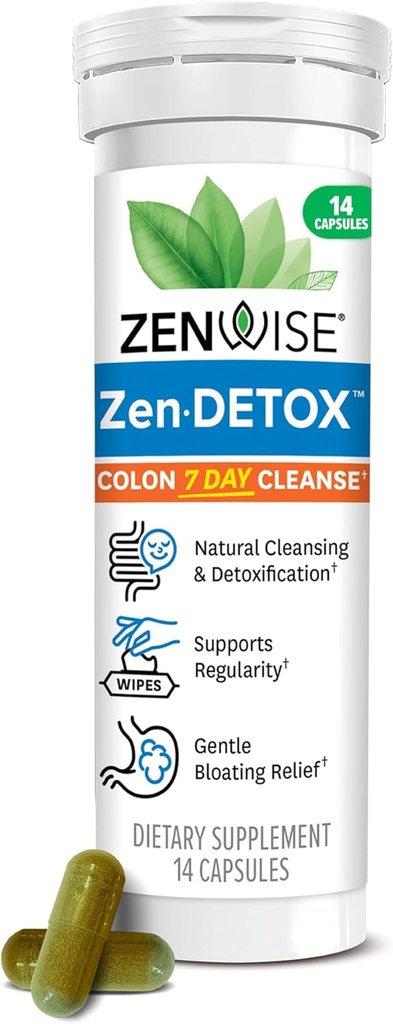 Zenwise Health 7- Day Colon Detox Cleanse for fordøjelsessygdomme - Gut Detox piller til fordøjelse & Bloating Relief - Herbal Blend med Psyllium Husk, Senna Leaf, Bromelain, ACV & Probiotika - 14 Greve