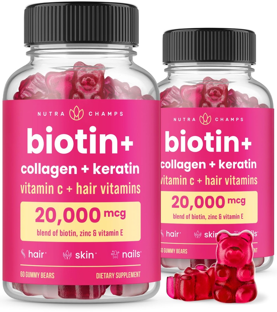 NutraChamps Hår Hud & Nails Gummies, Biotin med Collagen & Keratin, 5000mcg Biotin Beauty Complex, Vitamin Supplement, Berry, 120 Greve, Sund Hår, Strålende Hud & Strong Nails (pakke med 2)