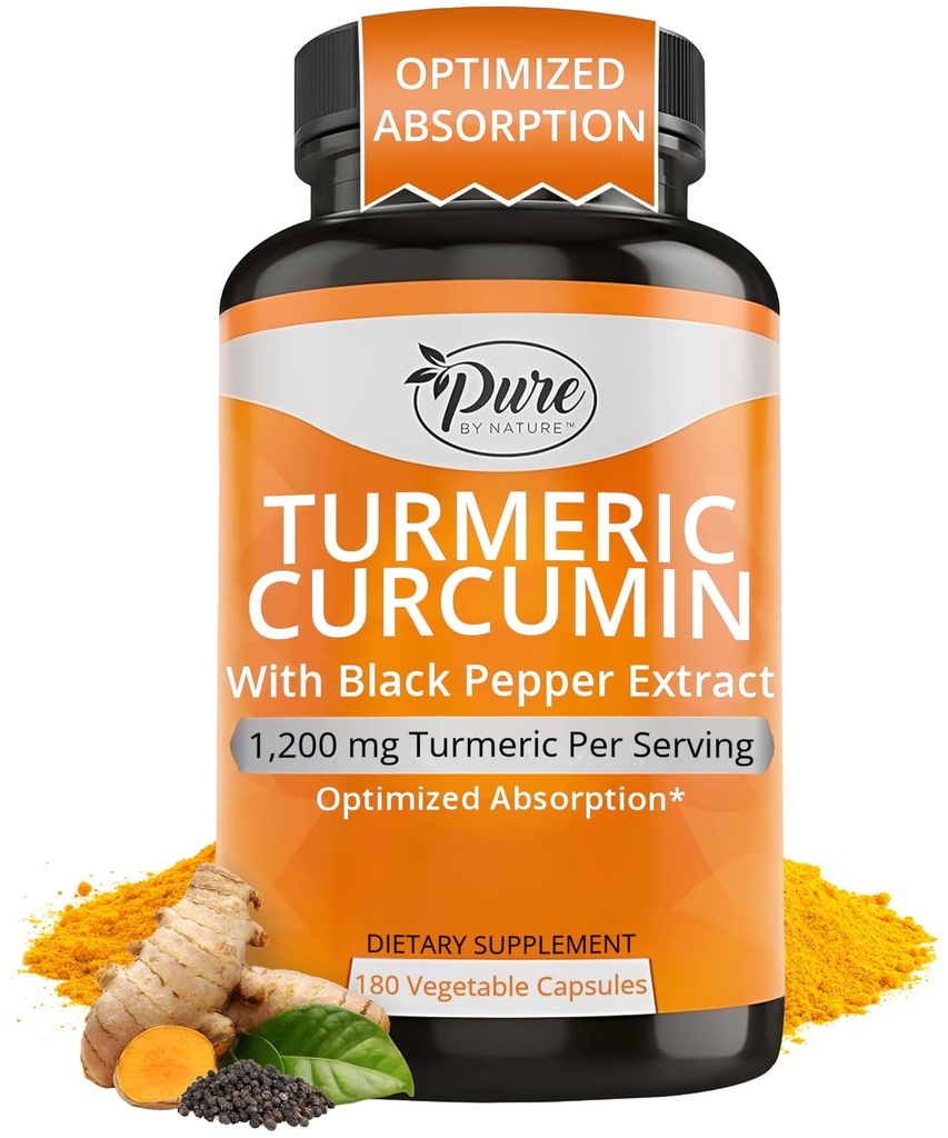 Pure By Nature gurkemeje Curcumin med Black Pepper Extract 10 mg kapsler, 1200 mg per servering, Økologisk, Høj Absorption Antioxidant Support (180 Tæl)