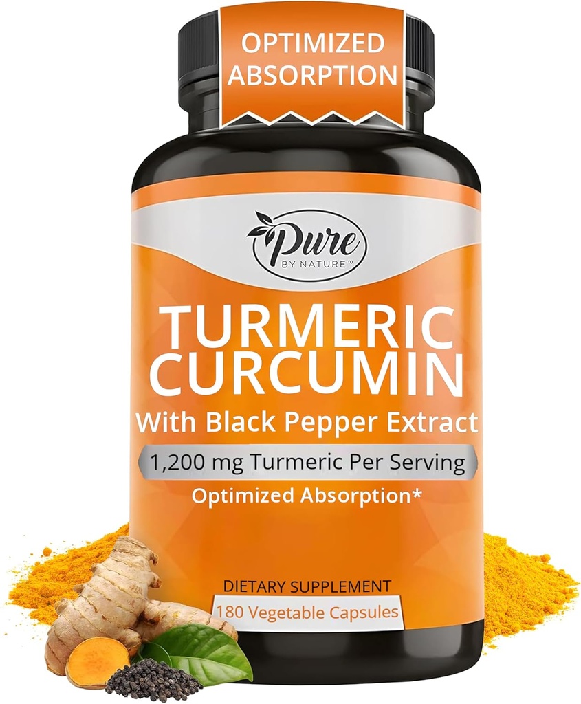Pure By Nature gurkemeje Curcumin med Black Pepper Extract 10 mg kapsler, 1200 mg per servering, Økologisk, Høj Absorption Antioxidant Support (180 Tæl)