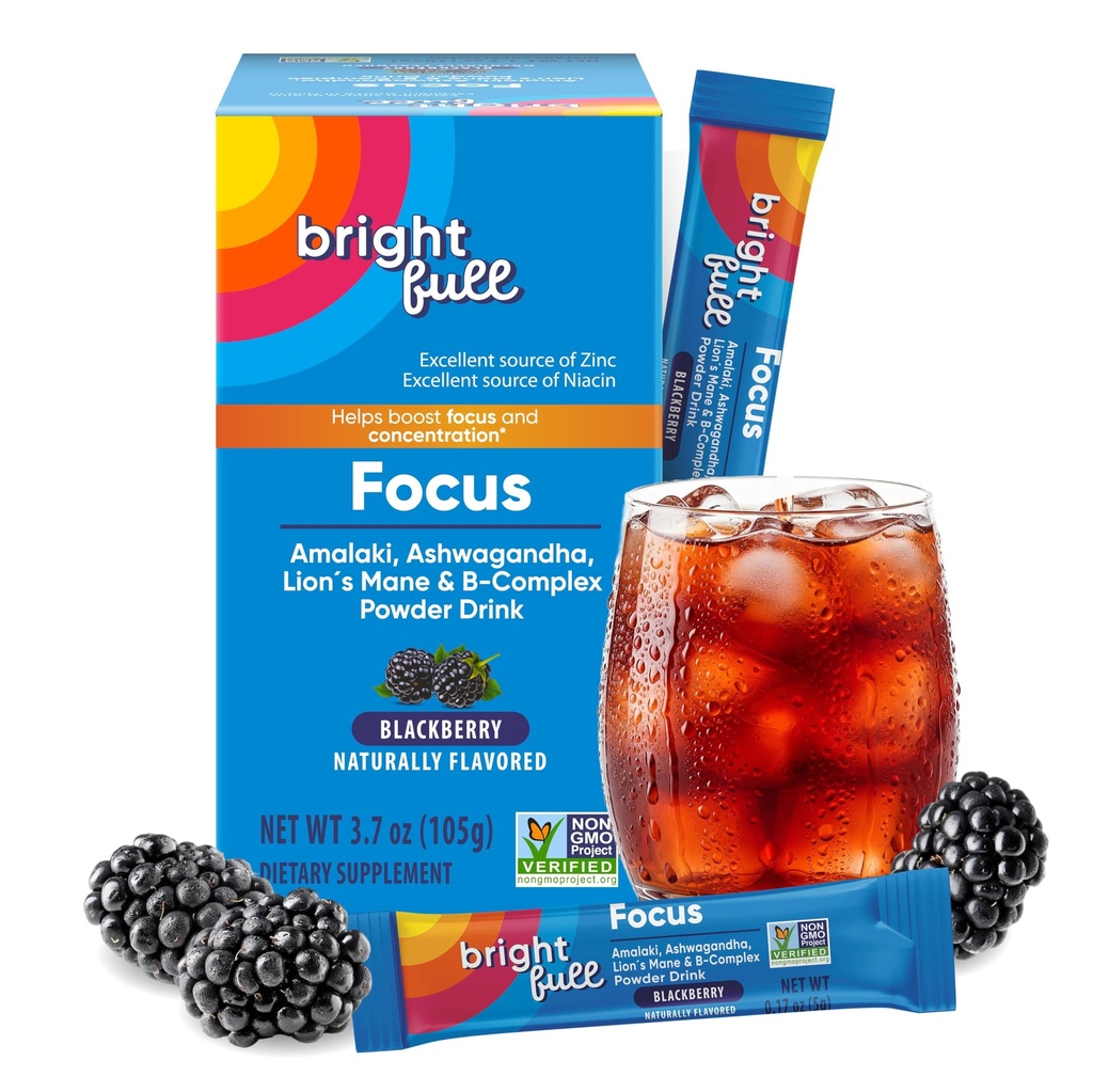 Supplement Focus Sugar Free Dietary Supplement Drink Mix med Ashwagandha, Lions Mane, B Vitamin B1 B2 B3 B5 B6 B12, for Kognitiv Performance & Clarity BlackBerry, 21 Day Supply