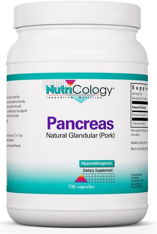 Nutricology Pancreas Dietary Supplement - Digestive Support, Natural Glandur (Pork), Enzymes, Hypoallergenic, Vegetarian Capsules, Gluten Free - 720 Count