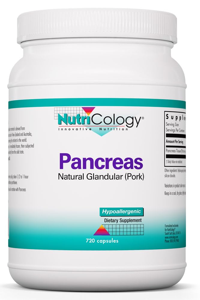 Nutricology Pancreas Kosttilskud - fordøjelsesstøtte, Natural Glandur (Pork), enzymer, Hypoallergen, Vegetariske Kapsler, Gluten Free - 720 Tæl