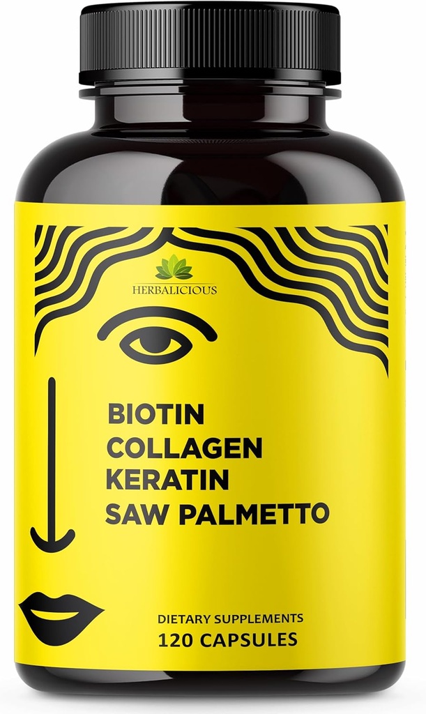 HERBALICIOUS biotin vitaminer med collagen, Keratin & Saw Palmetto for kvinder og mænd - Biotin 10000 mcg hår hud negle supplement til hår, hud og negle Wellness - Made in USA, 120 Kapsler
