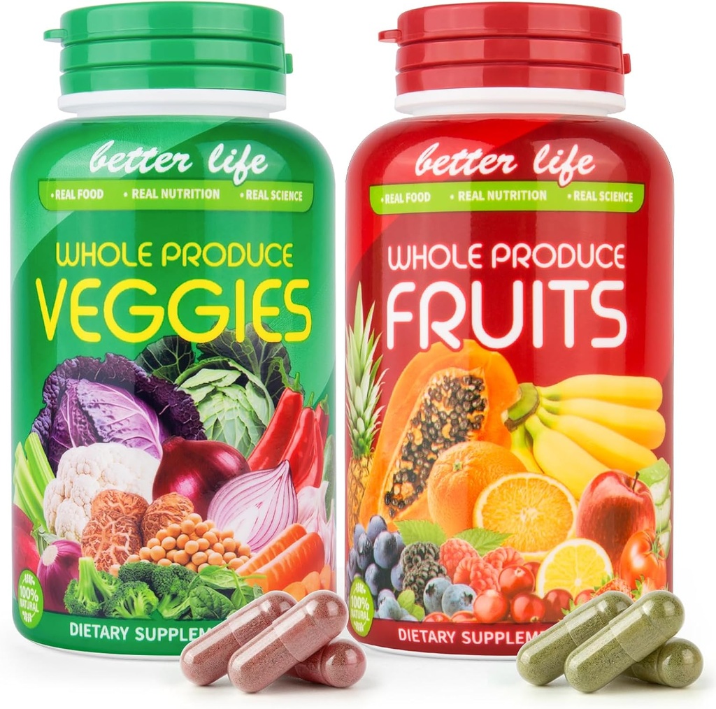 Dowsleep Frugter og Veggies Supplement / Kapsler -100% Hele naturlige vitaminer Supplements- Balance Energiniveauer for kvinder Mænd 90 Frugtkapsler, 90 Veggie Kapsler