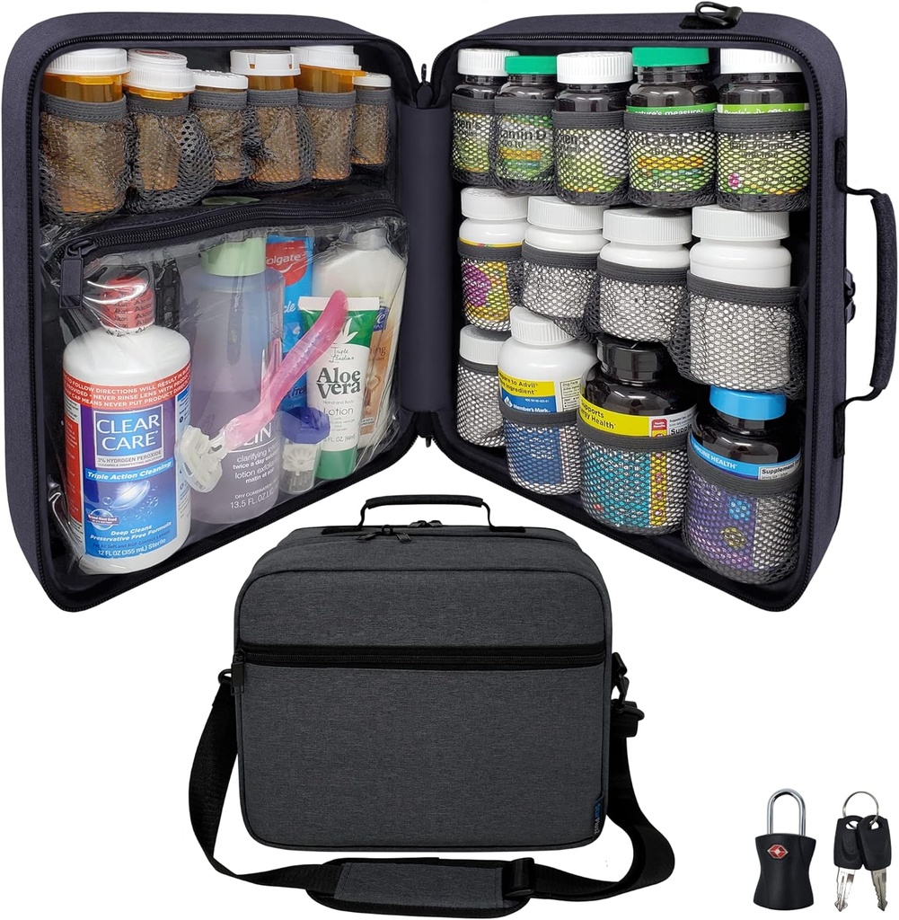 Ekstra- Stor pilleflaske Organizer, Medicine Bag, Carrier for Medicin, Vitaminer, og Medicinske forsyninger - Modular Travel Medicine Organizer og Home Storage Med Bag - Mørk Gray (med lås)