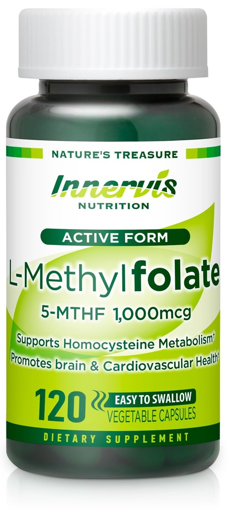 Bioactive Folate (L- 5- MTHF 1000mcg, Folate 1700mcg) - Brain & Mood Support, Easy- to- Swallow, 120 Veg kapsler