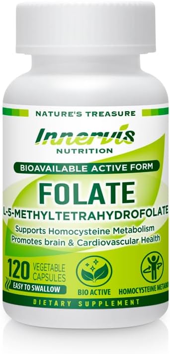 Bioactive Folate (L- 5- MTHF 1000mcg, Folate 1700mcg) - Brain & Mood Support, Easy- to- Swallow, 120 Veg kapsler