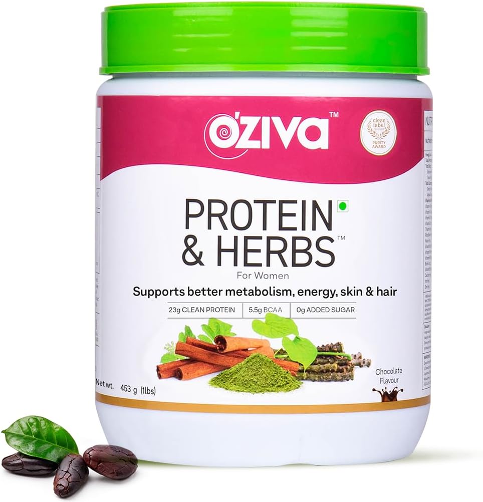 OZIVA Protein & Herbs for Women | 500 Gm (16 Servings)| with Multivitamins, Curcumin, Shatavari, Tulsi for Support Metabolism, Hormonal Balance & Skin, Hair Health (1.1 Lb)