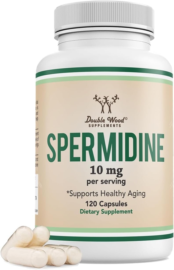 Spermidin Supplement (10mg af 99% Spermidine 3HCL - Tredjeparts testet) 120 Kapsler - Over 100x mere potent end hvede Germ Uddrag for Cell Membrane, Telomere sundhed og ældning ved Double Wood
