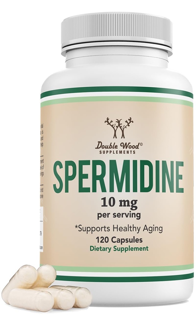 Spermidin Supplement (10mg af 99% Spermidine 3HCL - Tredjeparts testet) 120 Kapsler - Over 100x mere potent end hvede Germ Uddrag for Cell Membrane, Telomere sundhed og ældning ved Double Wood