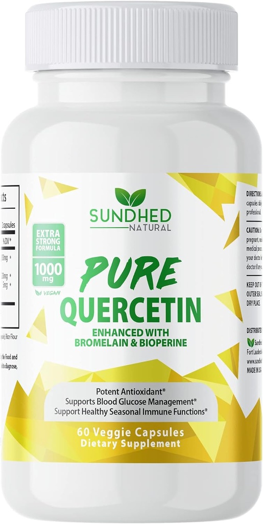 Pure Quercetin med Bromelain og Bioperine - Antioxidant Support, Ekstra stærk formel med 1000mg, 1- måned Supply