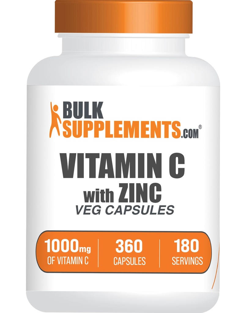 Bulkaddiments.com C-vitamin med zinkkapsler - C-vitamin 1000mg & Zink 15mg, til immunforsvar - Vegan, 2 kapsler per servering, 360 Veg Count (pakke med 1)