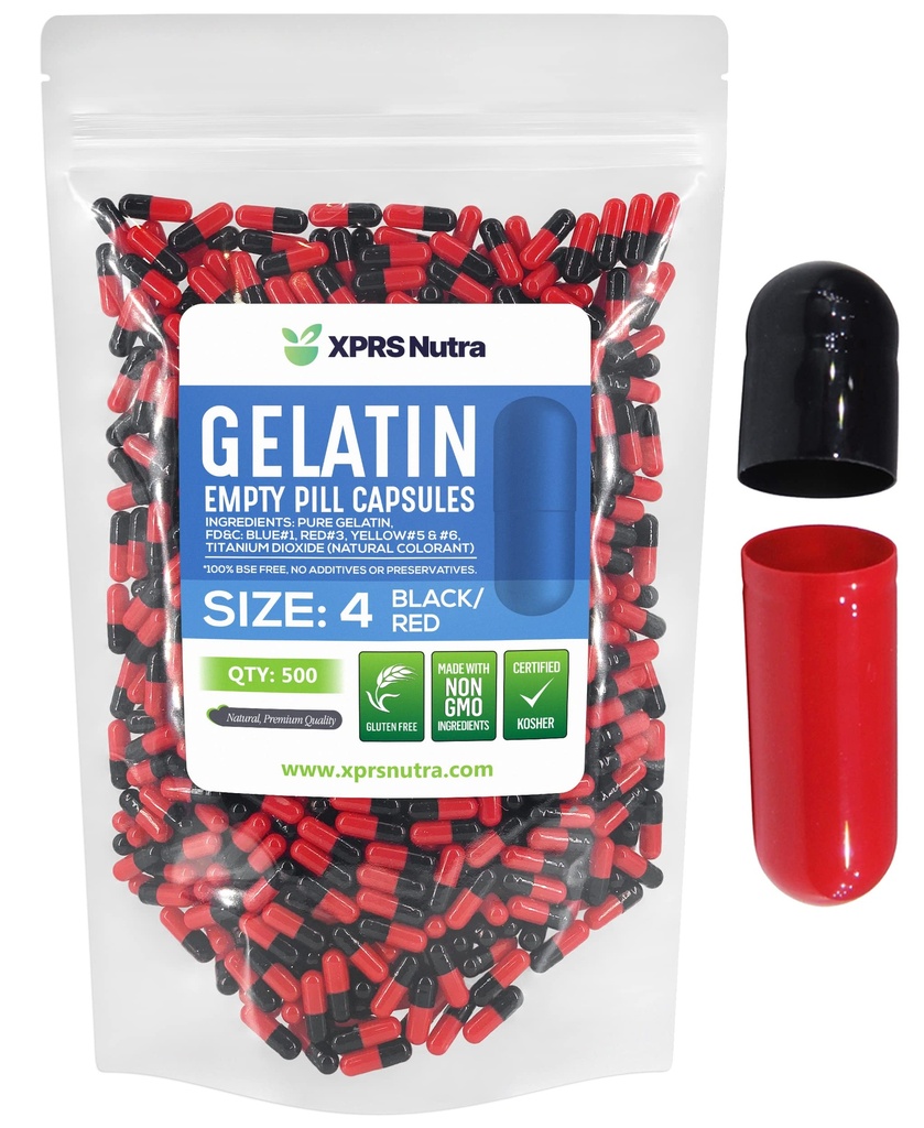 XPRS Nutra Størrelse 4 Tomme kapsler - 500 Tomme Tomme Gelatine kapsler - Piller gør det selv Capsule Fyldning - Fyldelig Bovin Pille Gel Caps til Do- It- Yourself Kosttilskud (sort / rød)