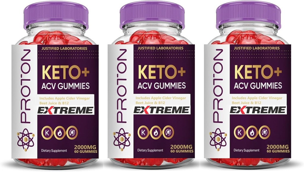 Justified Laboratories (3 Pack Proton Protein Keto ACV Gummies Extreme 2000MG Proton Keto Gummies Apple Cider Vinagar Formuleret med Pomegranate Beet Juice Powder B12 Vegan Non GMO 180 Gummys