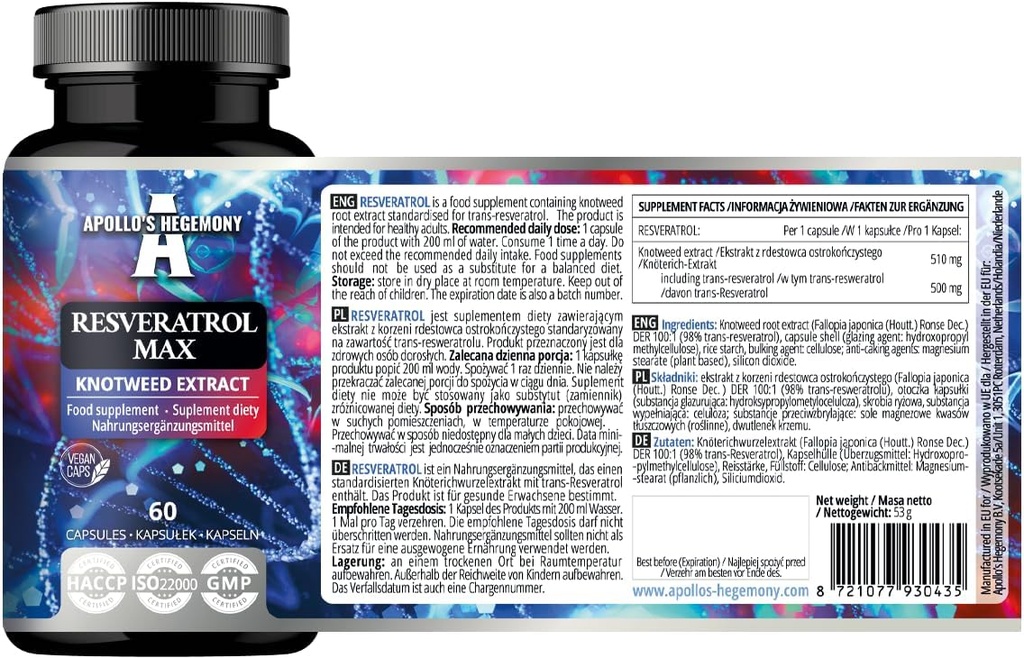 APOLLO 'S HEGEMONY Resveratrol Max - 500 mg per kapsel - 60 Veganske kapsler - Høj renhed 98% ekstrakt - Understøtter cirkulære sundhed - naturlige antioxidant - Kosttilskud