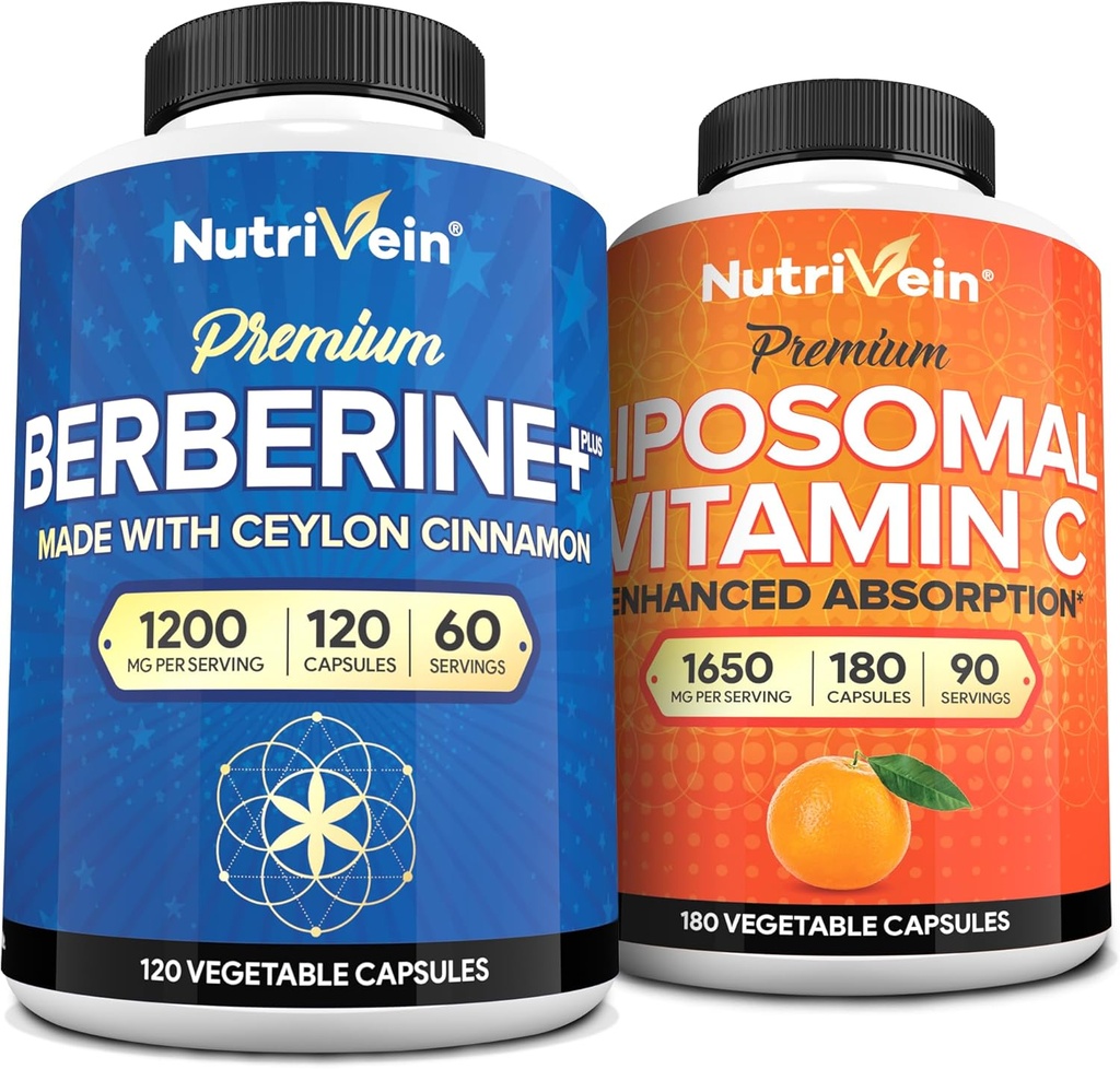 Nutrivein Premium Berberine & Liposomal Vitamin C Supplement: High- Absorption Vitamin C Kapsler & Berberine Supplement Bundle for Immunitet, Metabolisme, & Balanceret Well- Being