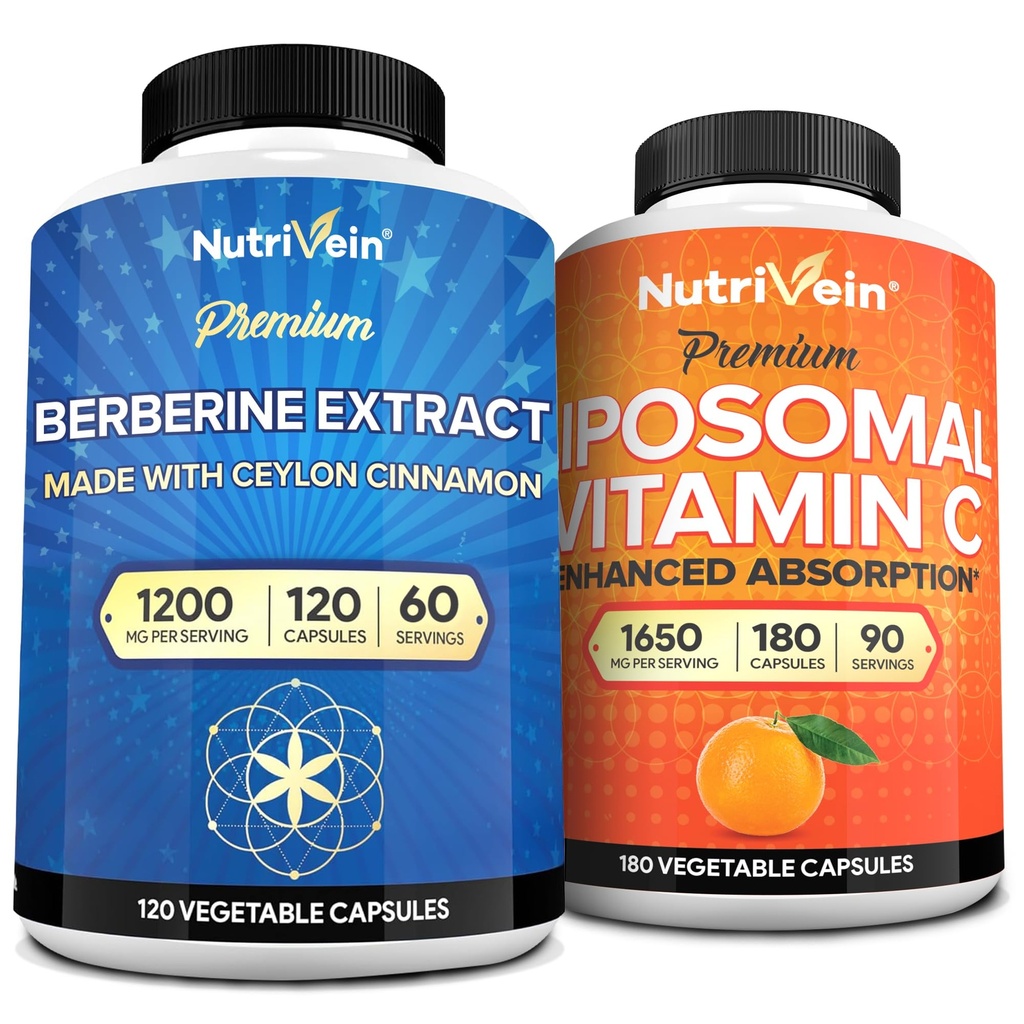 Nutrivein Premium Berberine & Liposomal Vitamin C Supplement: High-Absorption Vitamin C Capsules & Berberine Supplement Bundle for Immunity, Metabolism, & Balanced Well-Being