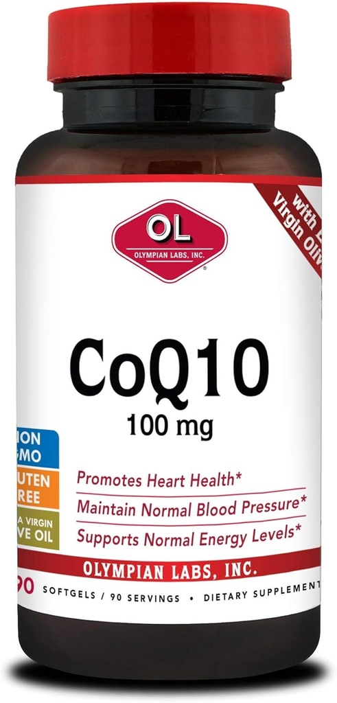 Olympian Labs Coenzym Q10 100mg Softgel formuleret med Ekstra Virgin Olivenolie, Heart Health Support, Cell Protection from Free Radikals