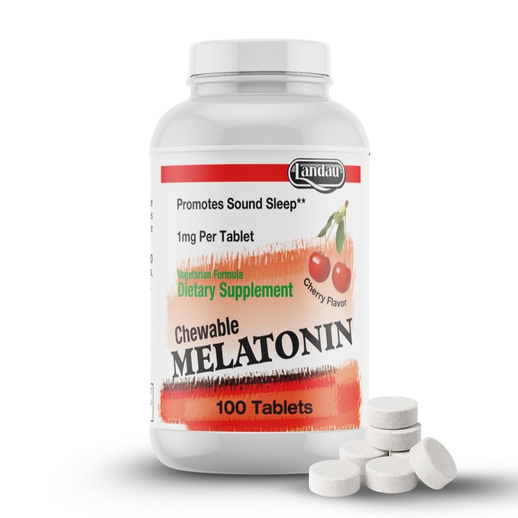 LANDAU Chewable Melatonin til børn - 1 mg lav dosis Melatonin sovehjælp til børn - Kosher & Lavet i USA - Easy- to- - Take Natural Cherry Flavor Melatonin Sleep Aid til tandlæger, børn og voksne (100)