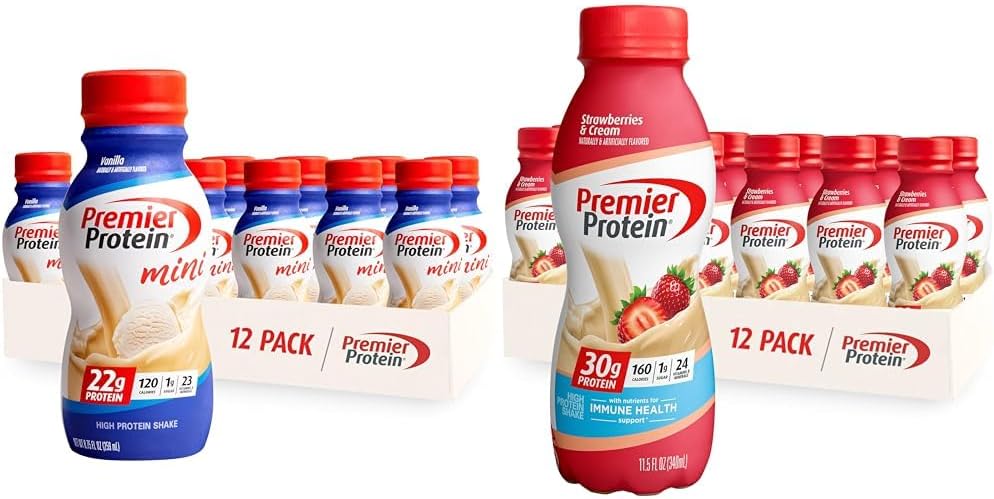 Premier Protein Shake MINI Vanilla 22g Protein 120 Kalorier Pakke med 12 & Jordbær Premier Protein Shake 30g Protein 160 Kalorier Pakke med 12