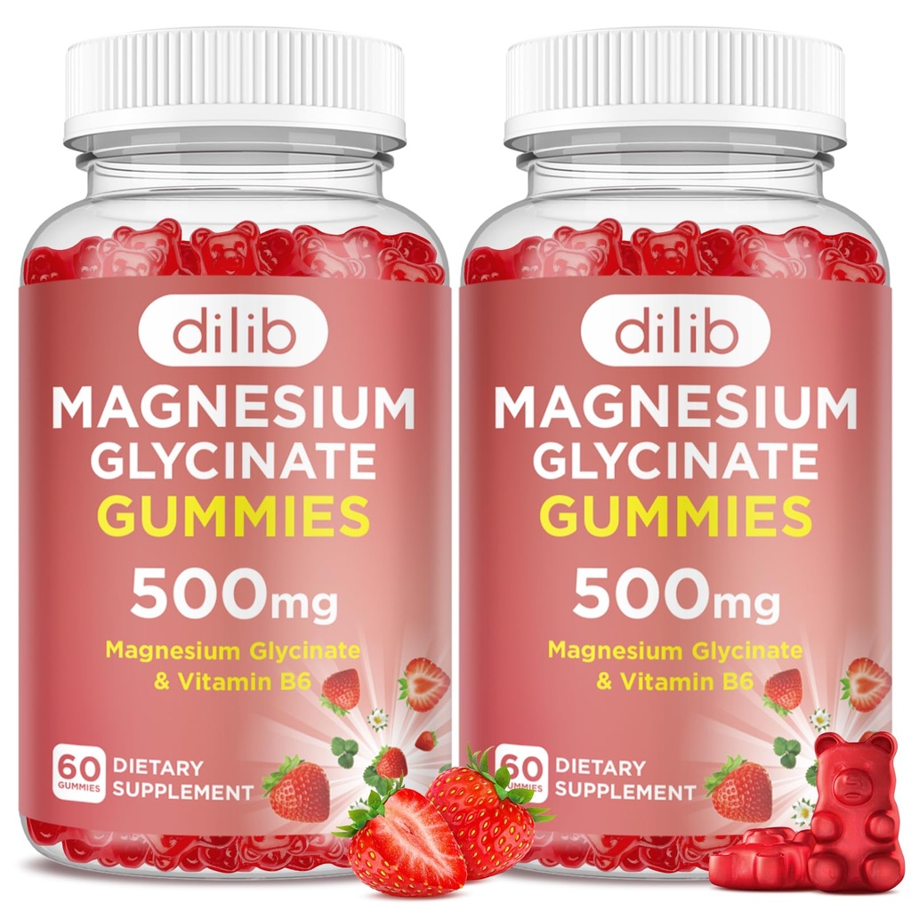 Magnesium Glycinat Gummies 500 mg til voksne og børn Magnesium tillæg med vitamin B6-Natural Calm Gummies- Calm Mood, Muscle & Sleep Support- Strawberry Flavor, 120 Gummies