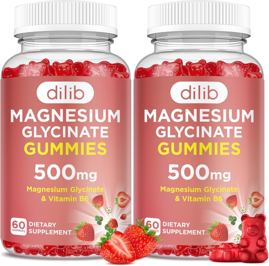 Magnesium Glycinat Gummies 500 mg til voksne og børn Magnesium tillæg med vitamin B6-Natural Calm Gummies- Calm Mood, Muscle & Sleep Support- Strawberry Flavor, 120 Gummies