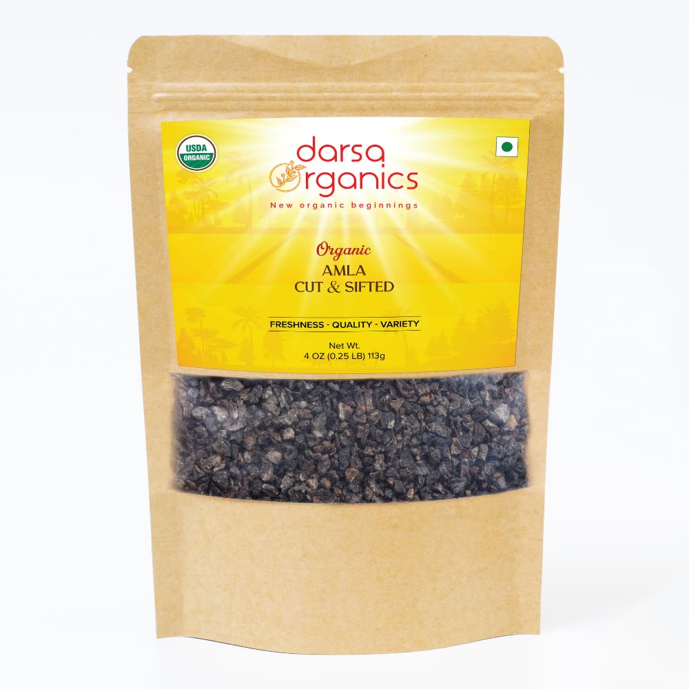 Darsa Organics Indian Gooseberry, Tørret Amla Cut & Sifted 4oz - USDA Organic Amla til urtete, sunde opskrifter, Hårvækst & Immunitet, rig på C-vitamin & antioxidanter, Vegan, non-GMO, Gluten Free, Kosher