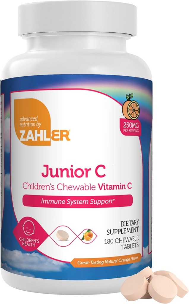 Zahler Junior C Advanced Chewable C-vitamin til børn - immunforsvar Kids Vitaminer i lækker Orange Flavor - Kosher Kids C-vitamin til immunitet - C-vitamin C Chewable Antioxidant - (180 Greve)