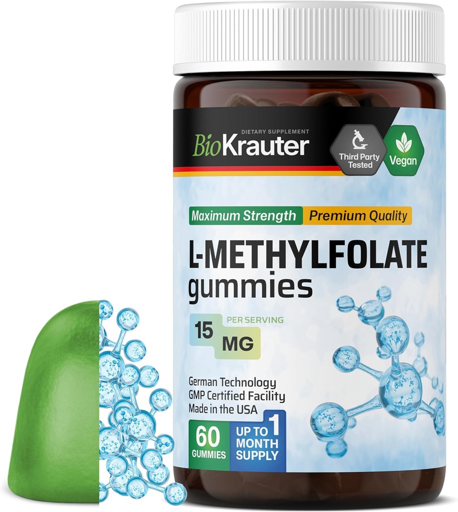 BIO KRAUTER L Methylfolat Gummies - 25 mg DFE - 60 Vegan Chews - MTHF Supplement - Folate Supplement - Folinsyre Gummies (vitamin B9) - Gelatine-fri formel