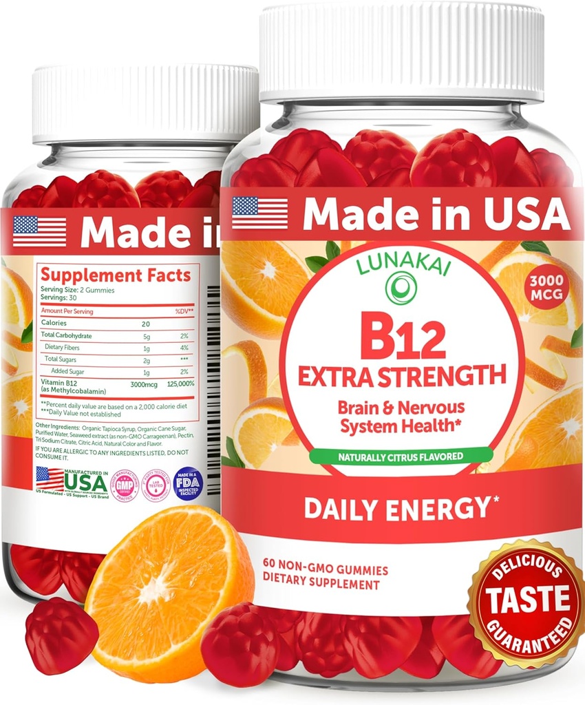 Lunakai Extra Strength 3000mcg Vitamin B12 Gummies - USA Made, Lækker Daglig Energi & Metabolisme Support - Vegan B12 Methylcobalamin Supplement 60ct