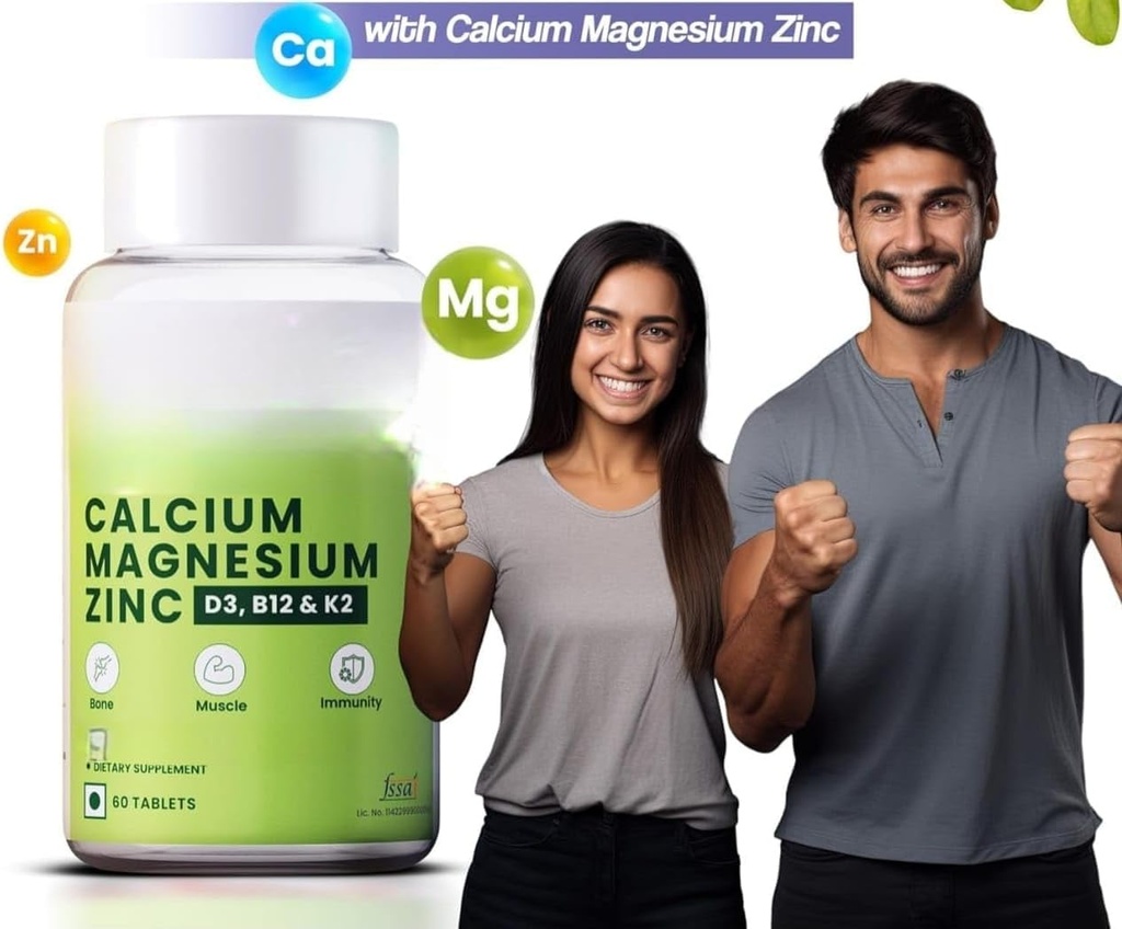 Calcium, Magnesium, Zink med vitamin D3 & B12, 1000mg I 60 Veg Tablets - 124; Support Strong Joints Health - 124; for både mænd og kvinder, 1 Tæl, 60 Kapsler
