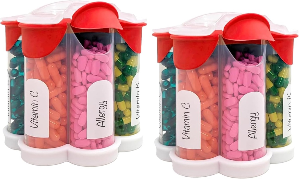 Ekstra Stor Pill Organizer Daglig, Ugentlig, Månedlig Supplement Flaske, Cute Blossom Pill Dispenser med 7 XL kompartmenter (2 Pack Combo) (rød 2 Pack)