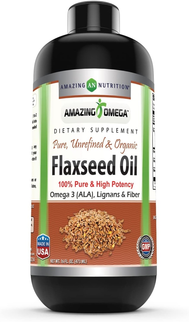 Amazing Omega Flaxseed Oil Supplemented 124; Omega 3, Lignans & Fiber Measures 124; 16 Oz Measures 124; Non- GMO Measures 124; Gluten Free Measures 124; Made in USA